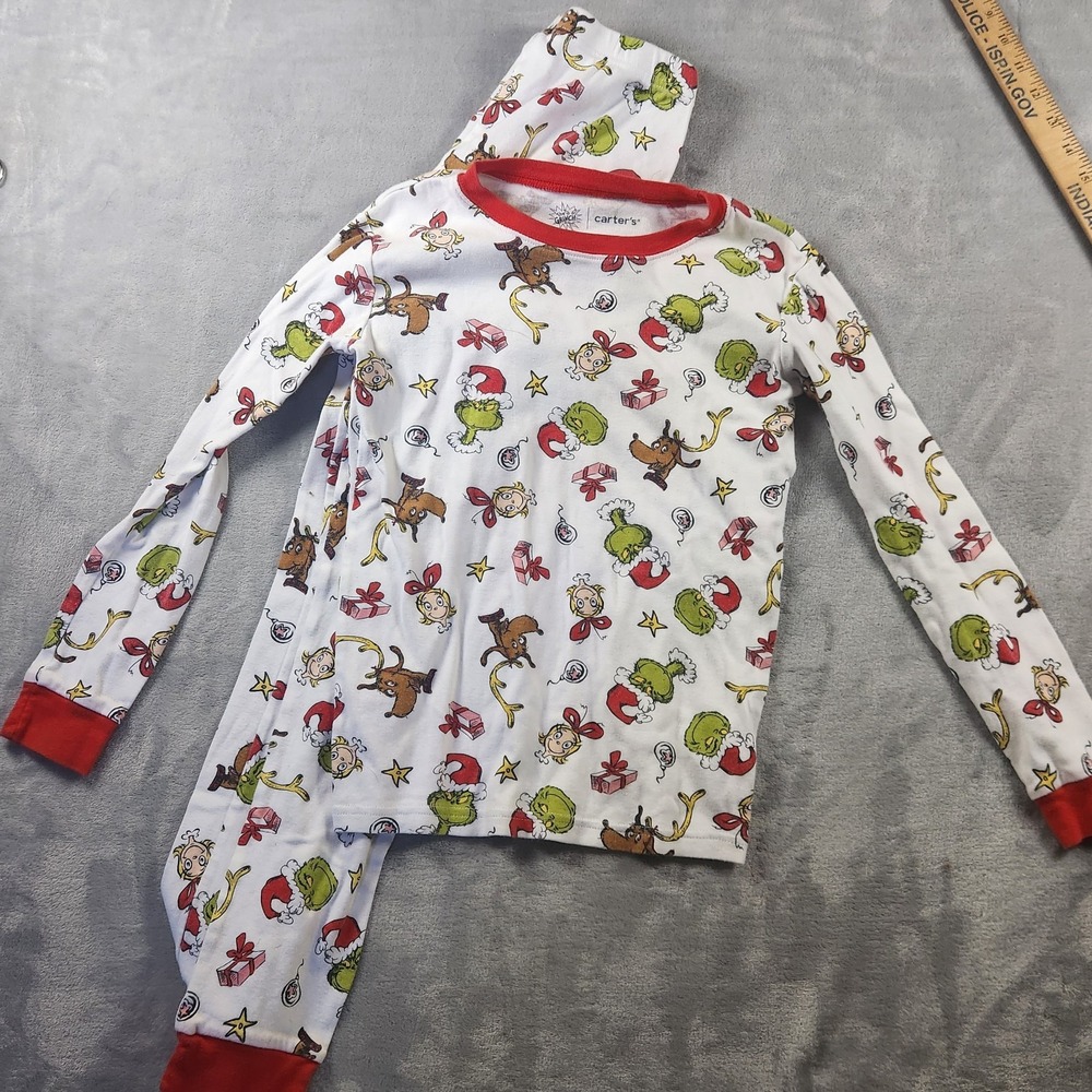 KIDS UNISEX CARTER'S LONG SLEEVE WHITE GRINCH PRINT 2-PIECE LONG PJ SET SIZE 12